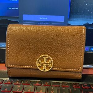 Tory Burch Tan Leather Wallet with Gold Emblem